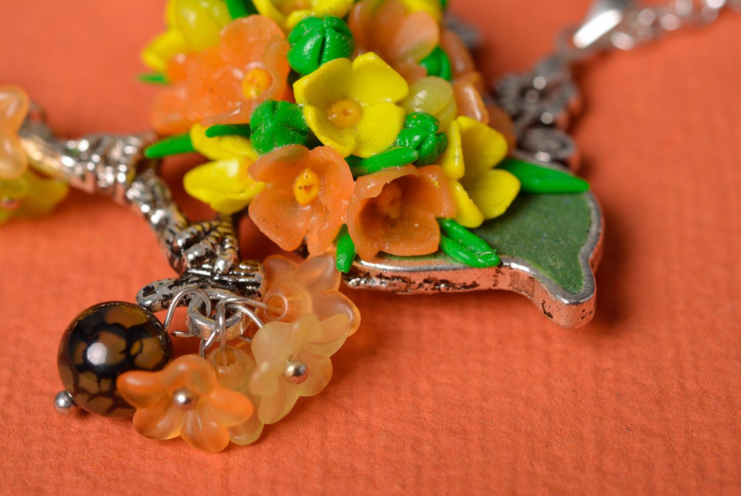 Handmade necklace with polymer clay flowers on a  metal chain photo 3