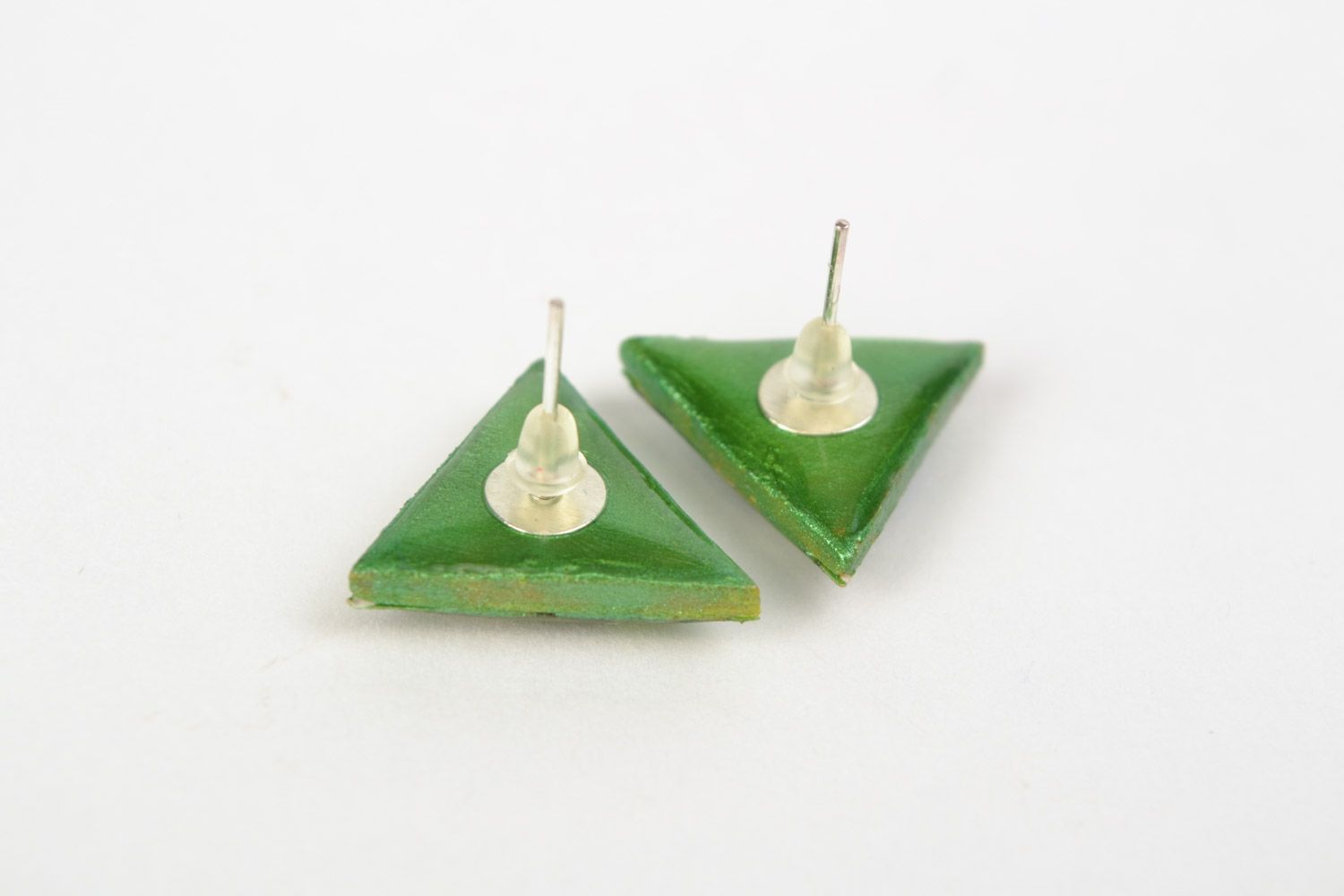 Unusual handmade jewelry glaze stud earrings with patterns of lime color photo 4