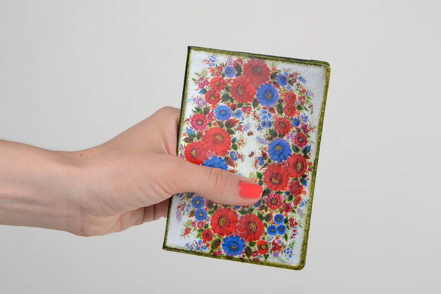Handmade faux leather passport cover with bright ethnic floral decoupage pattern photo 2