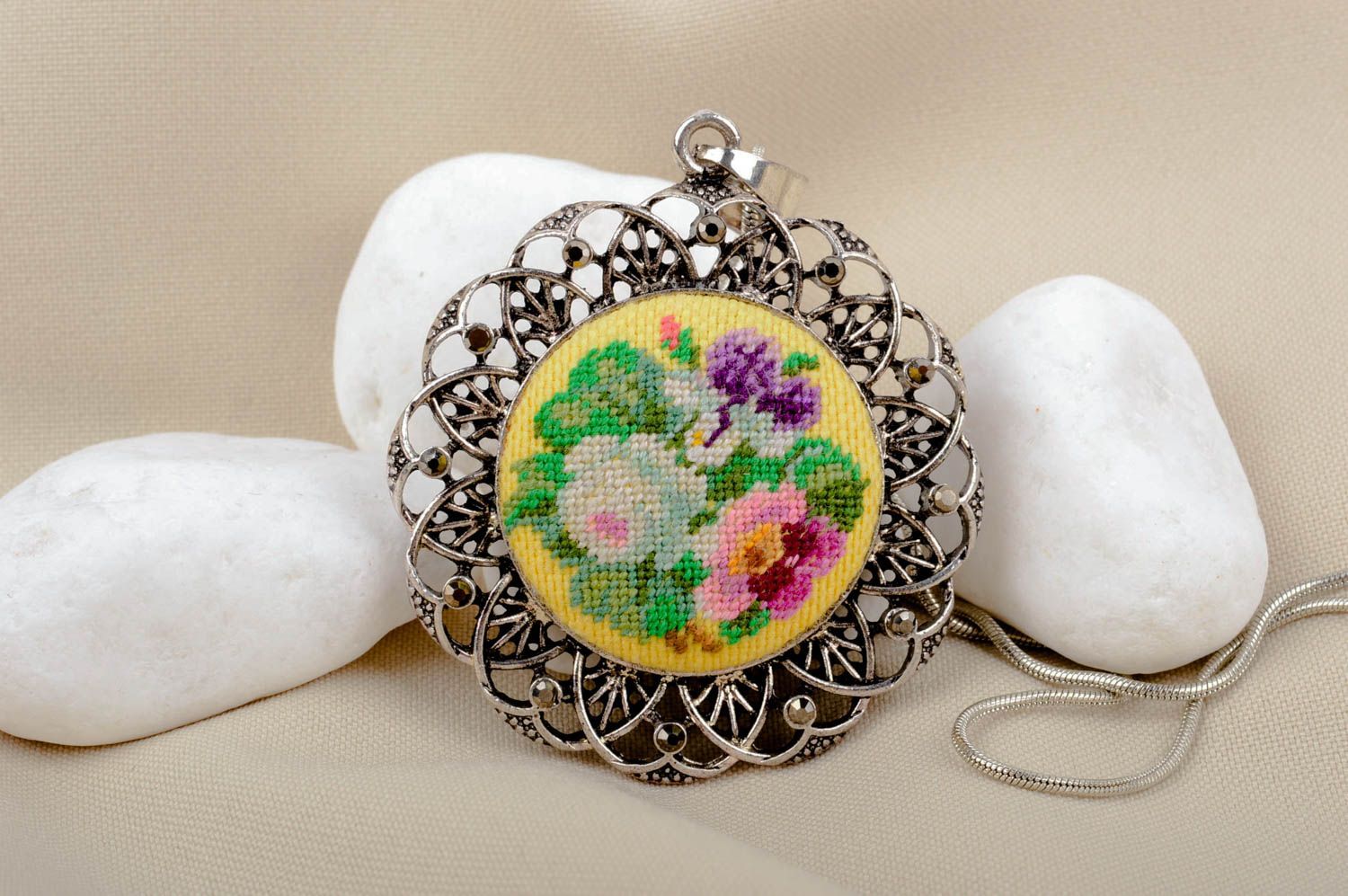 Handmade designer pendant unusual embroidered pendant unusual accessory photo 1