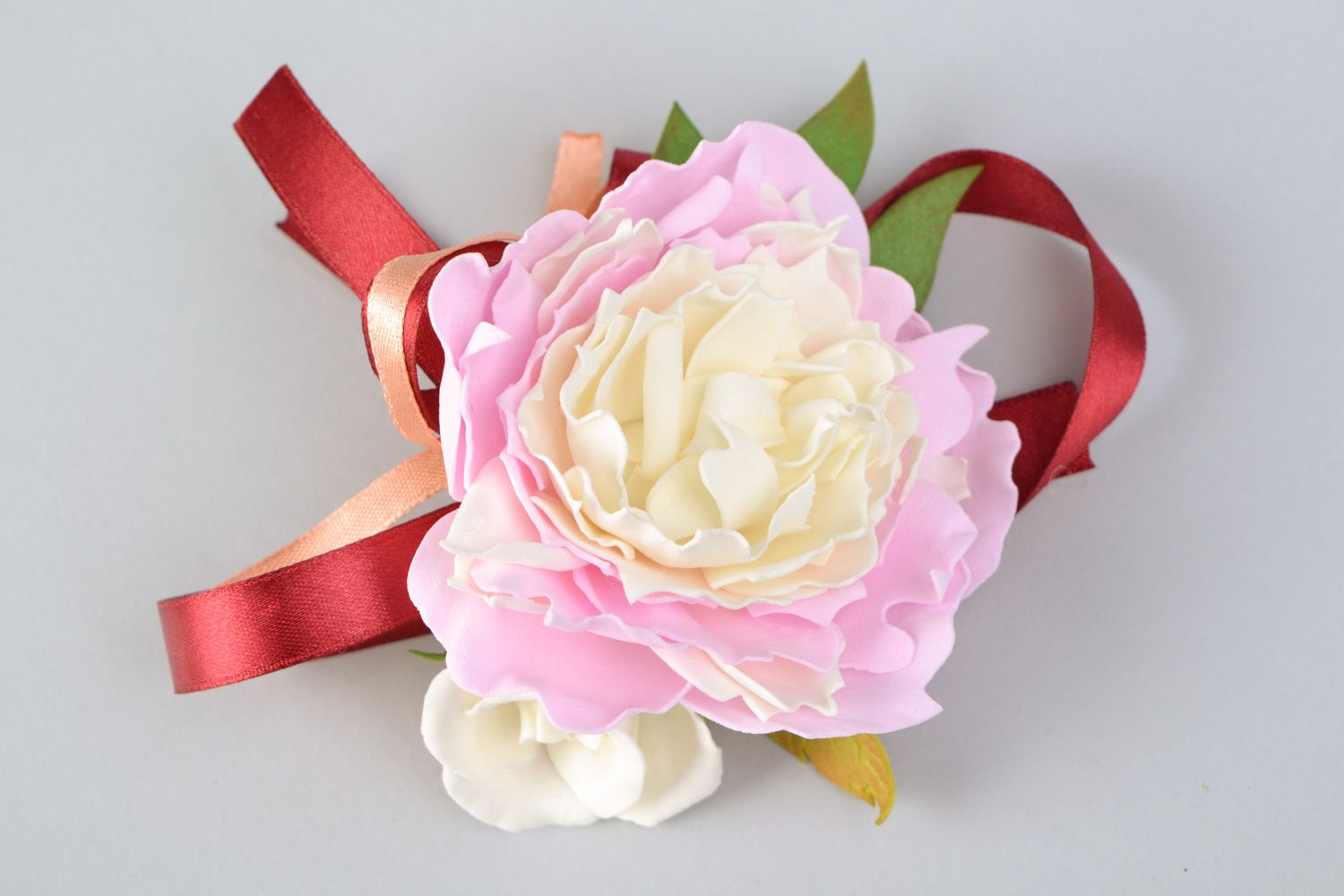 Grand corsage poignet de mariage en foamiran rose et blanc Pivoine et rose photo 4