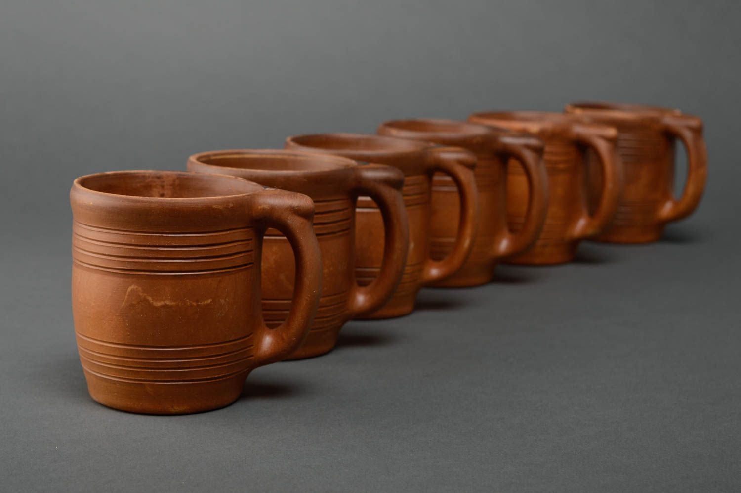 Set of natural red clay drinking 15 oz 6 six cups with handles and no pattern photo 3