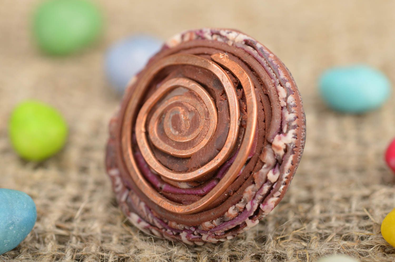 Polymer clay round-shaped brown ring unusual handmade designer accessory photo 1
