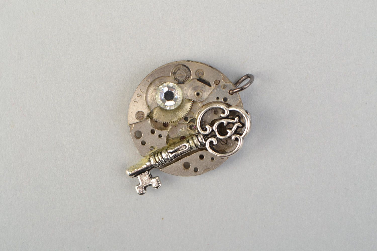 Tiny handmade metal pendant with clock mechanism in steampunk style Key to Time photo 1