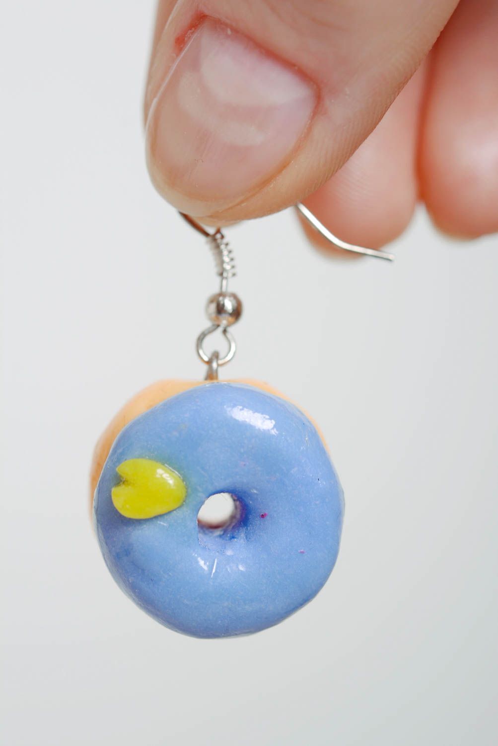 Lovely earrings with charms made of polymer clay blue donuts handmade plastic jewelry photo 5