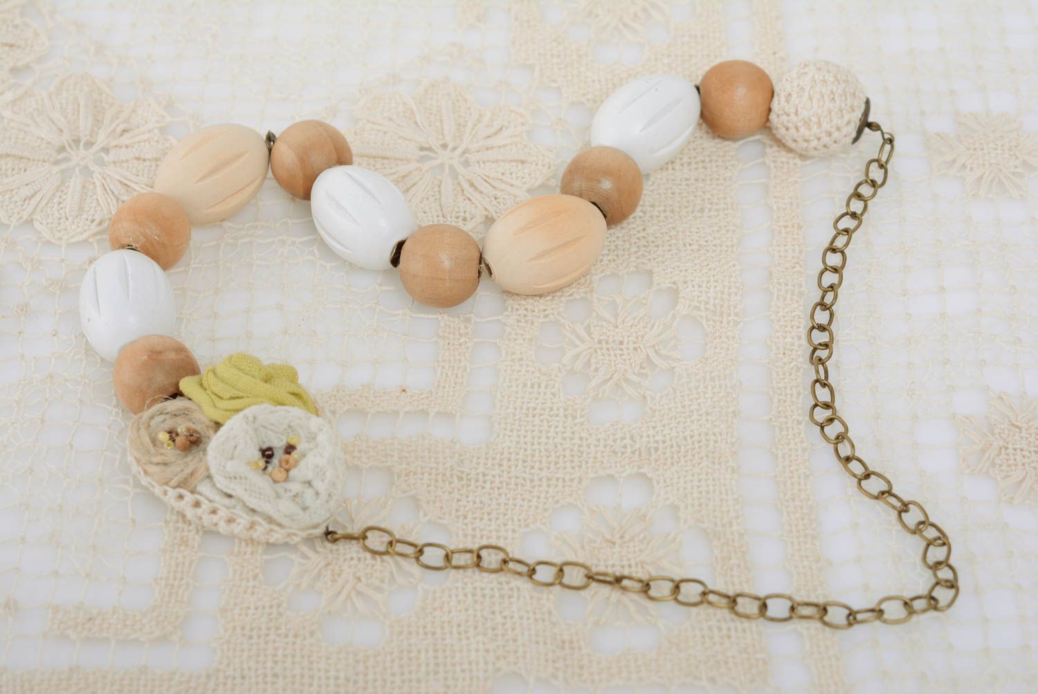 Handmade designer light wooden bead necklace on chain with fabric flowers photo 4