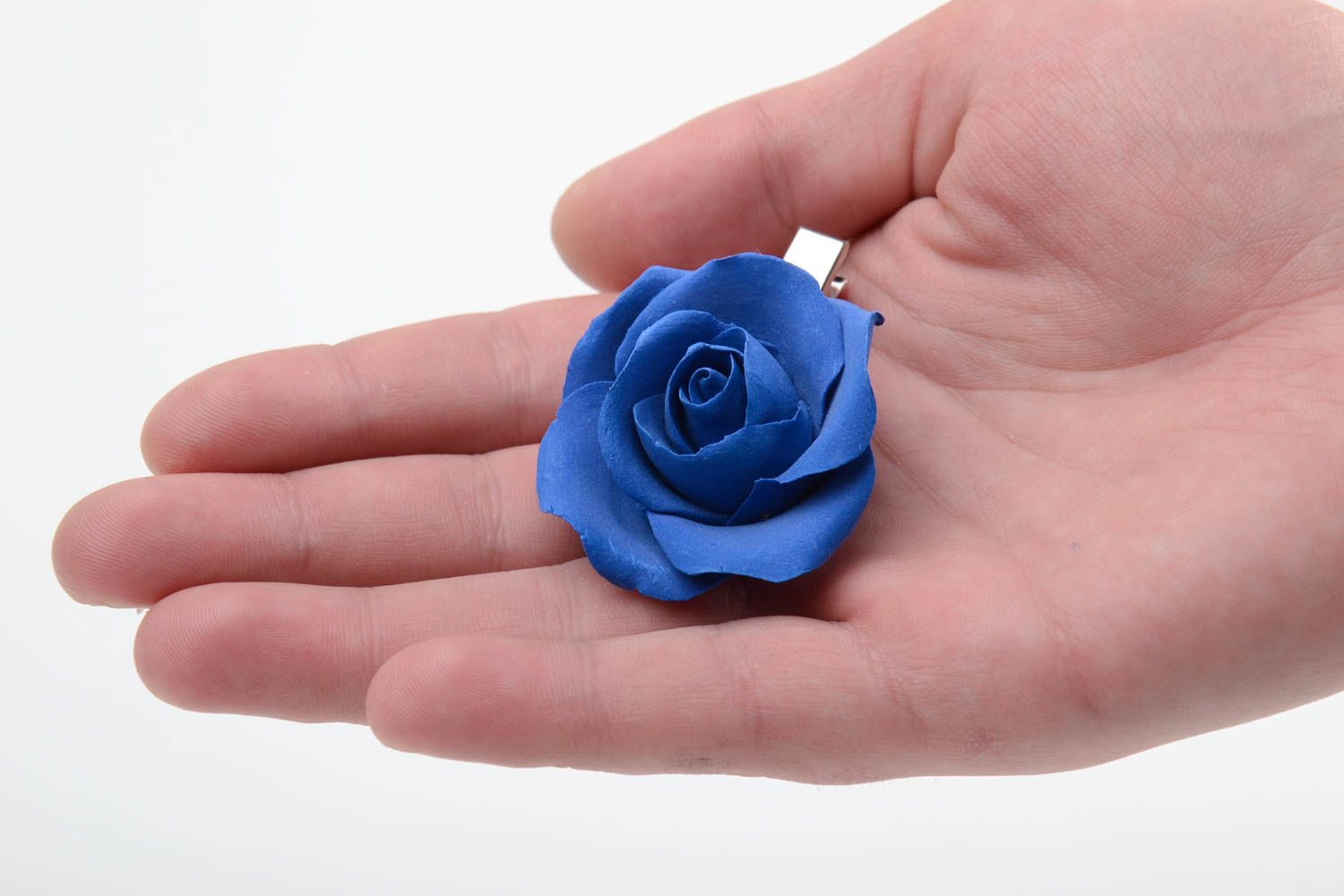 Handmade decorative hair clip with small dark blue polymer clay rose flower photo 2