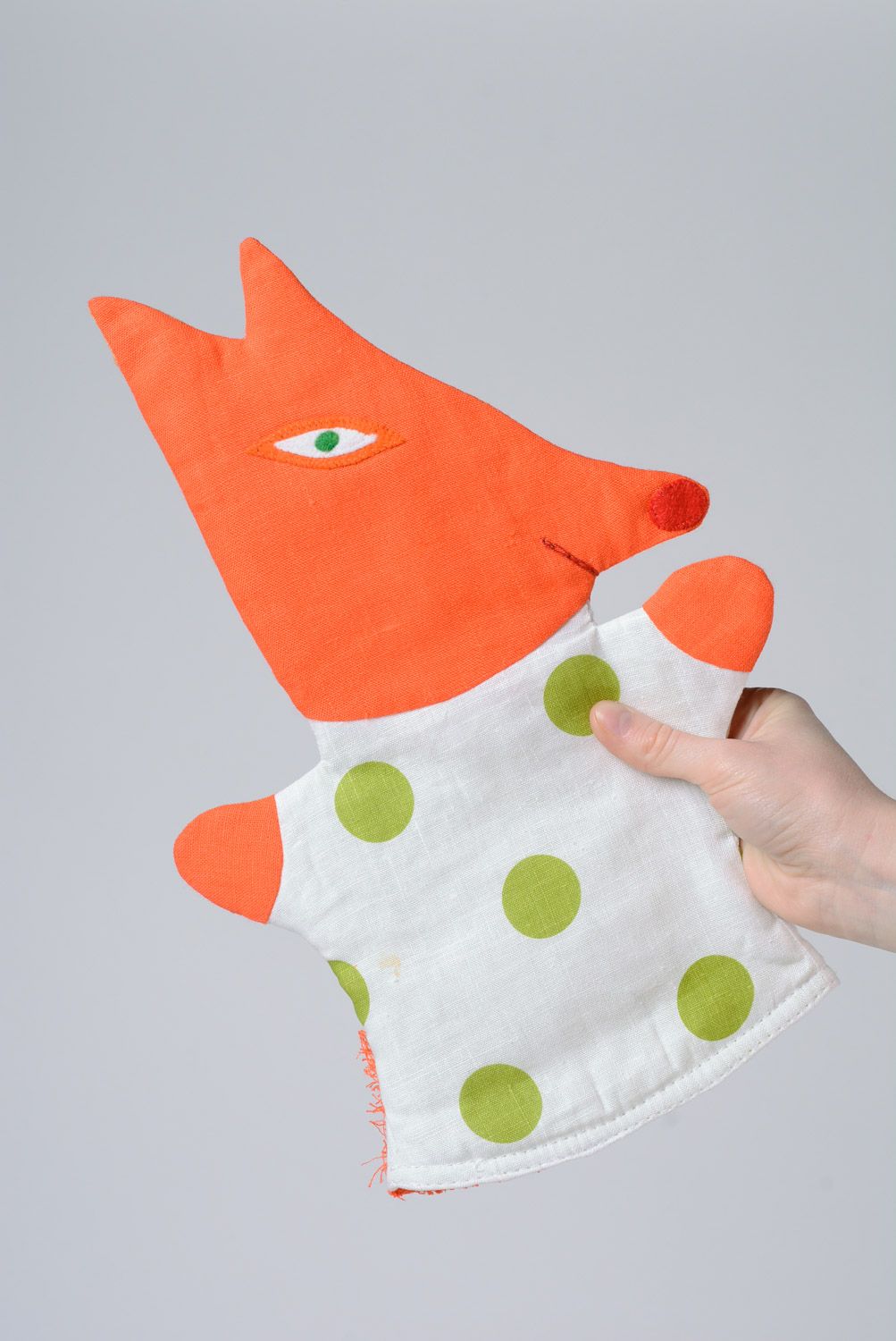 Handmade funny hand puppet sewn of linen and coarse calico orange fox for kids photo 4