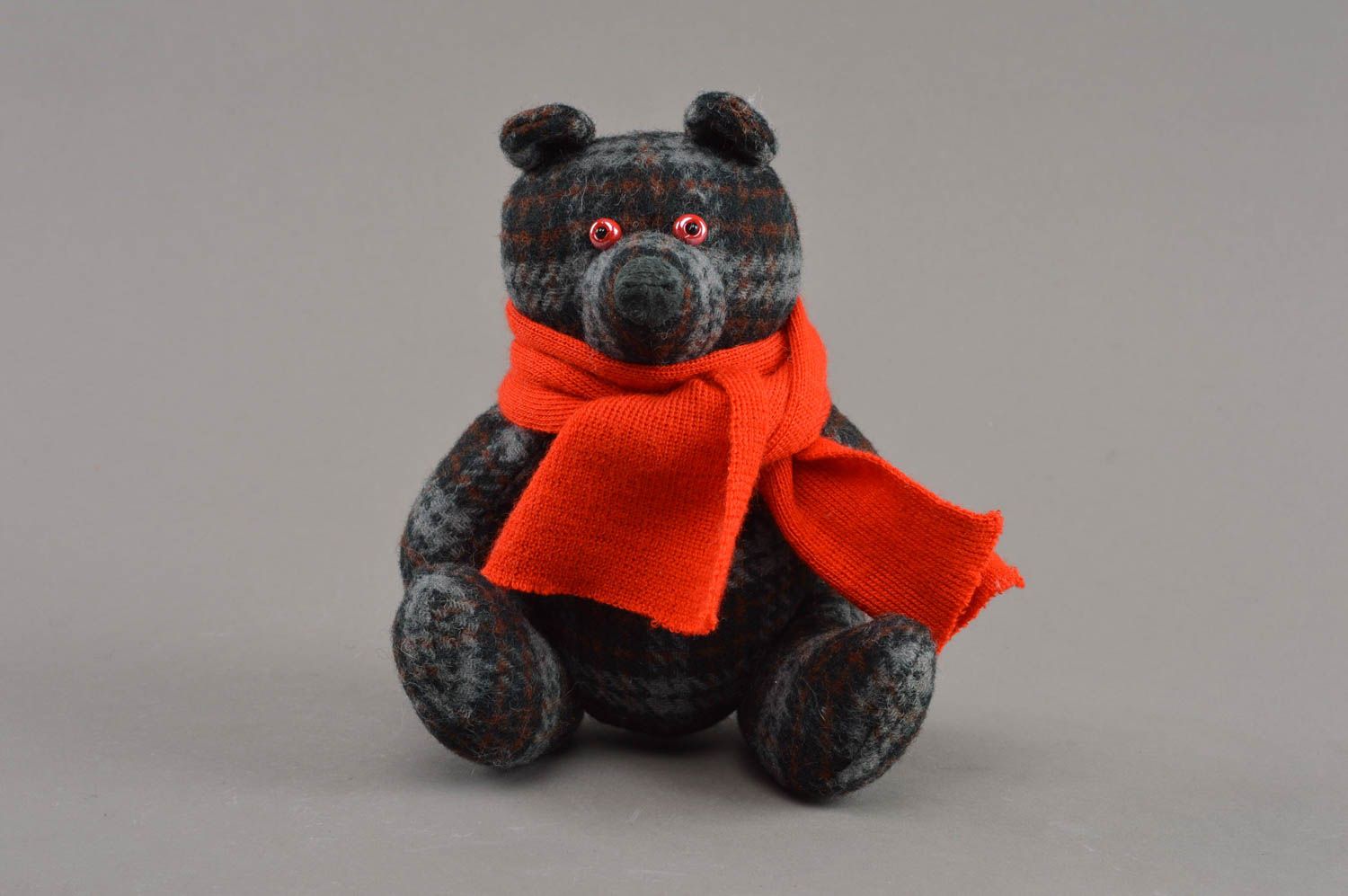 Beautiful handmade children's small checkered fabric soft toy bear in red scarf photo 1