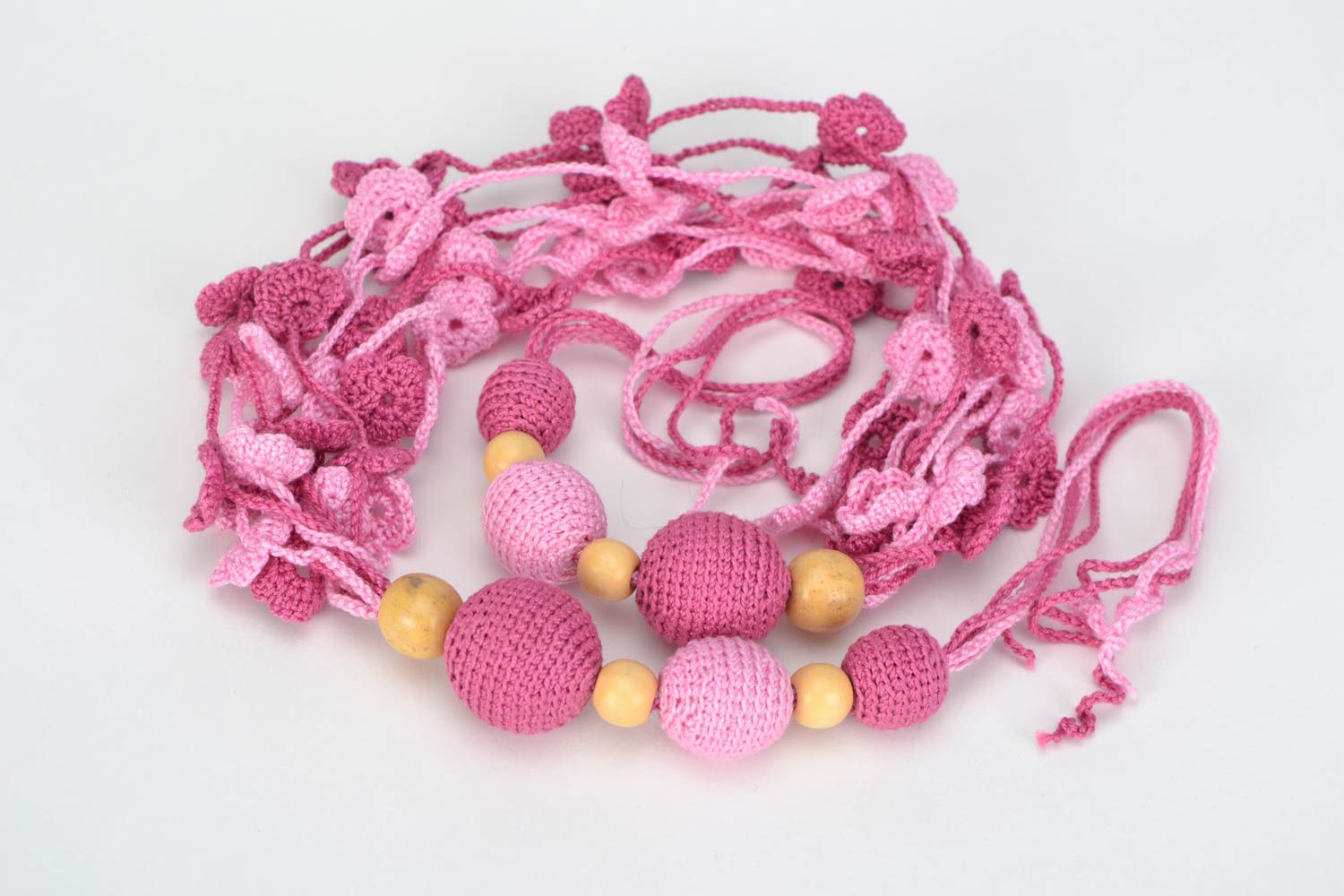 Handmade wooden bead necklace crocheted over with cotton threads of pink color photo 5