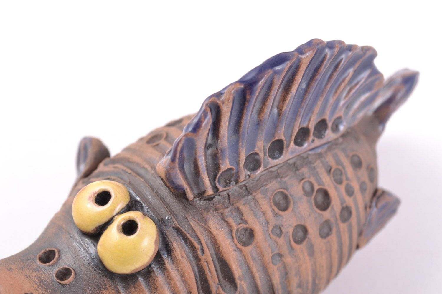 Handmade decorative ceramic figurine of fish with open mouth painted with glaze  photo 2