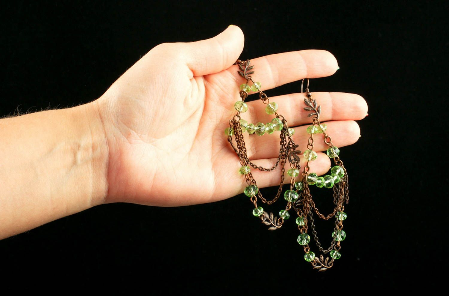 Boucles d'oreilles breloques Bijou fait main perles cristal vert Cadeau femme photo 1