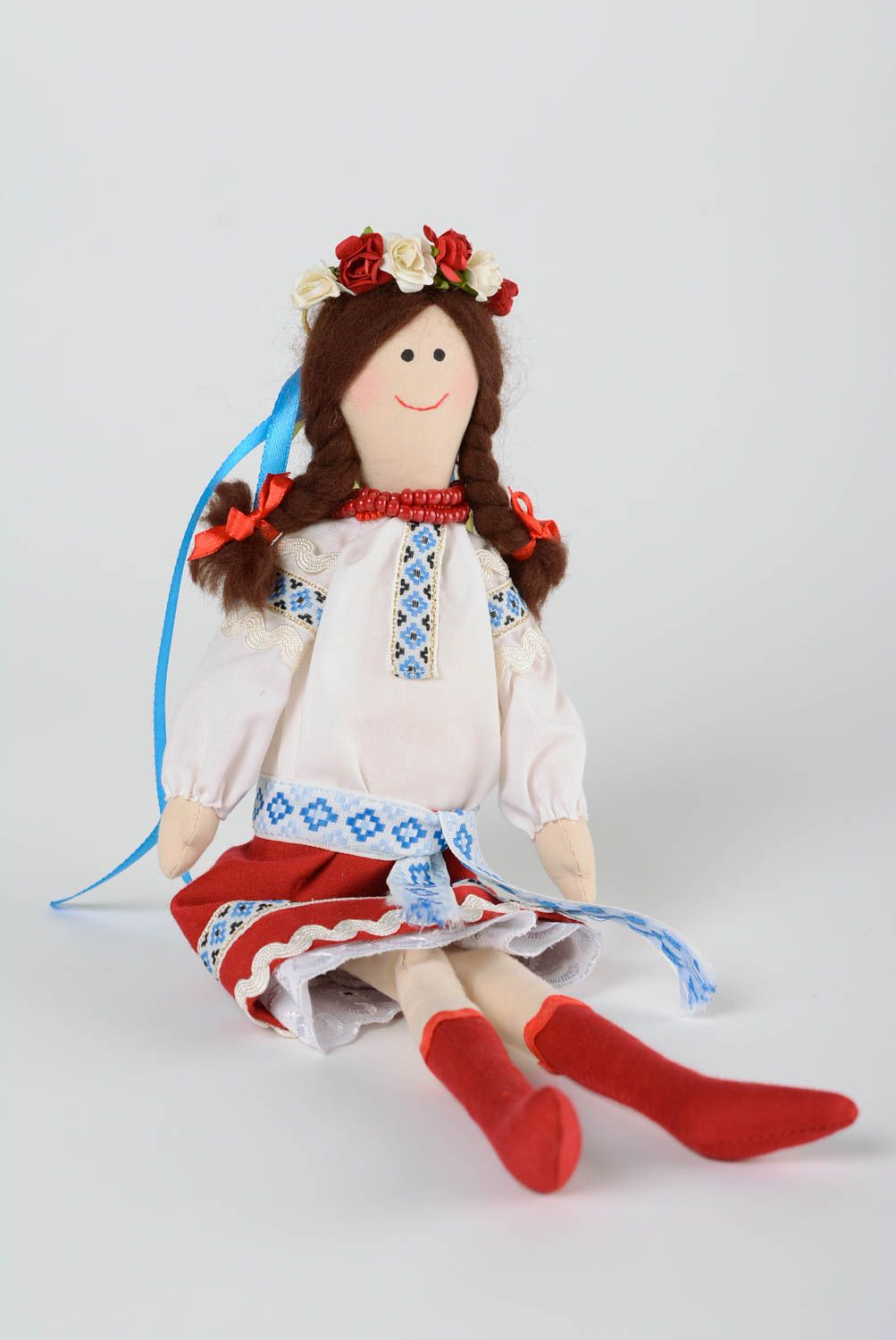 Handmade fabric soft doll Ukrainian girl in traditional costume with head wreath photo 1
