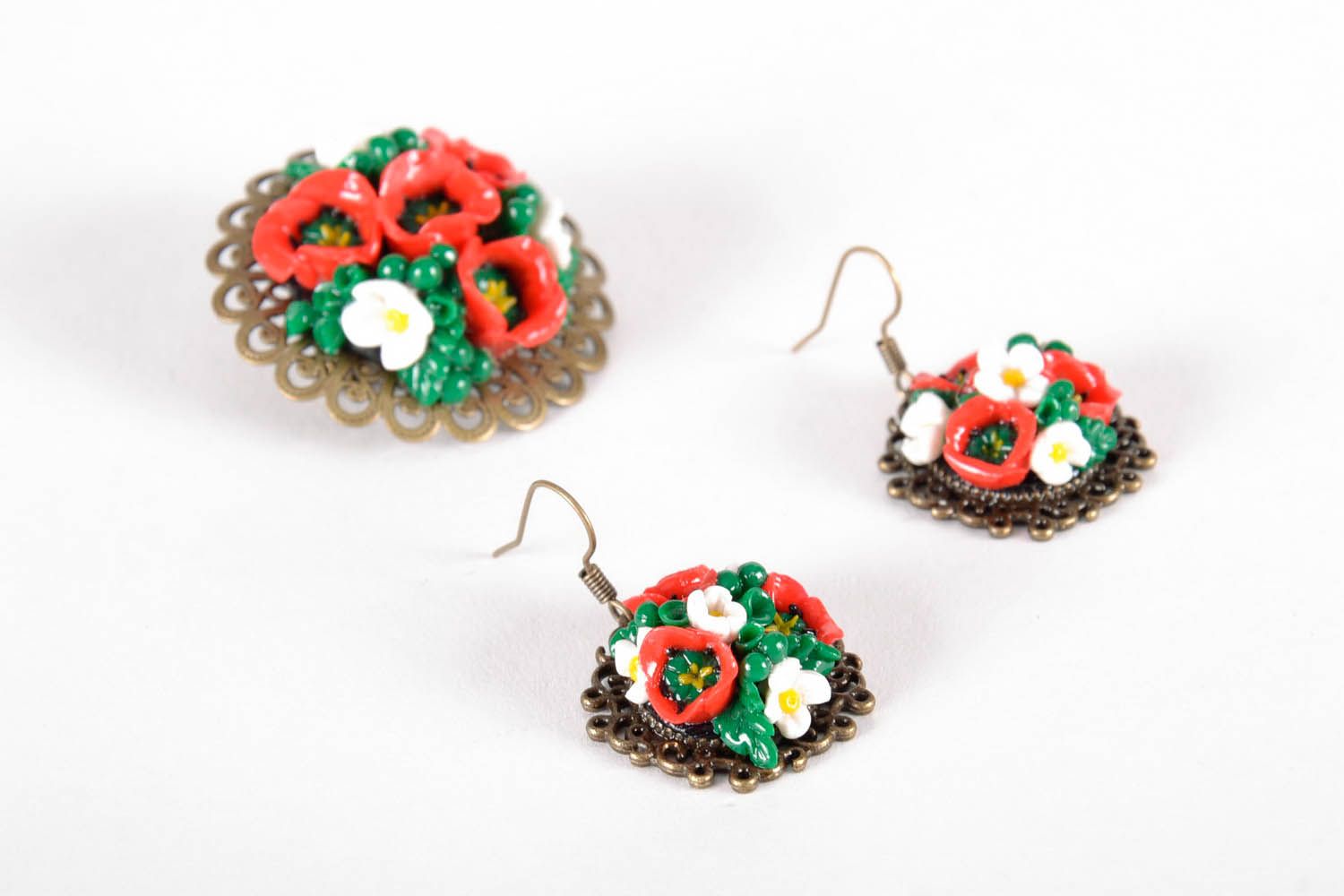 Earrings and brooch made of polymer clay photo 3