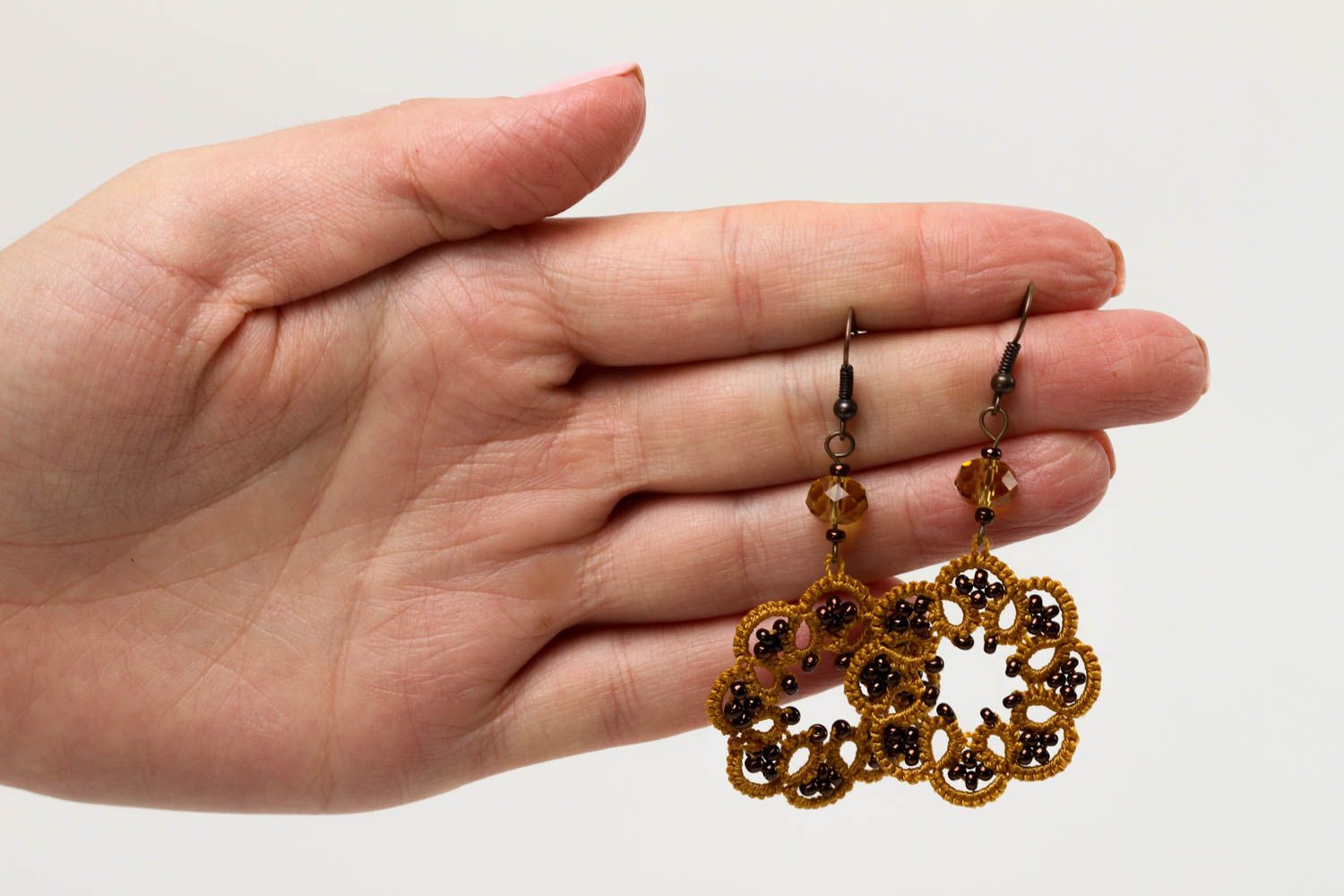 Unusual handmade woven earrings beaded earrings tatting accessories for girls photo 5