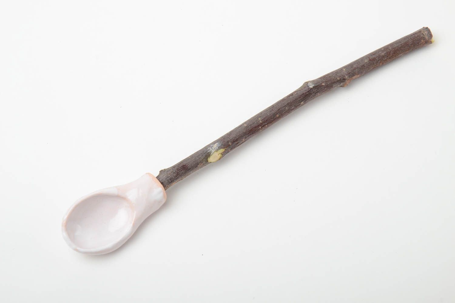 Beautiful handmade white clay spoon with apricot wood handle photo 2
