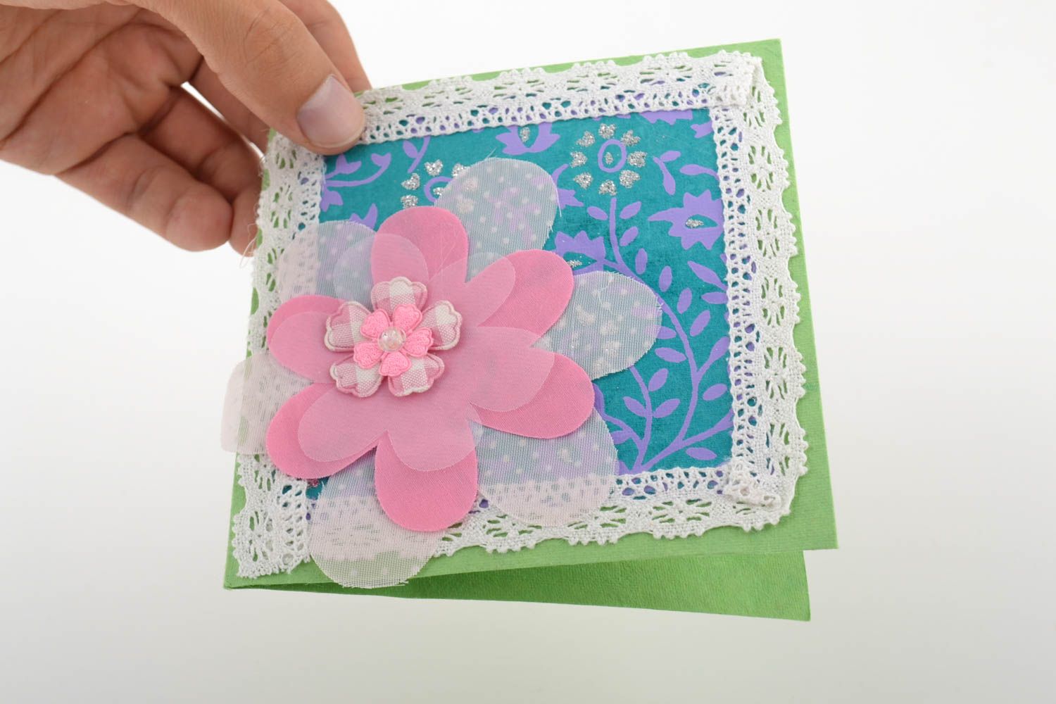 Tarjeta de felicitación regalo original postale hecha a mano con flor rosada foto 5