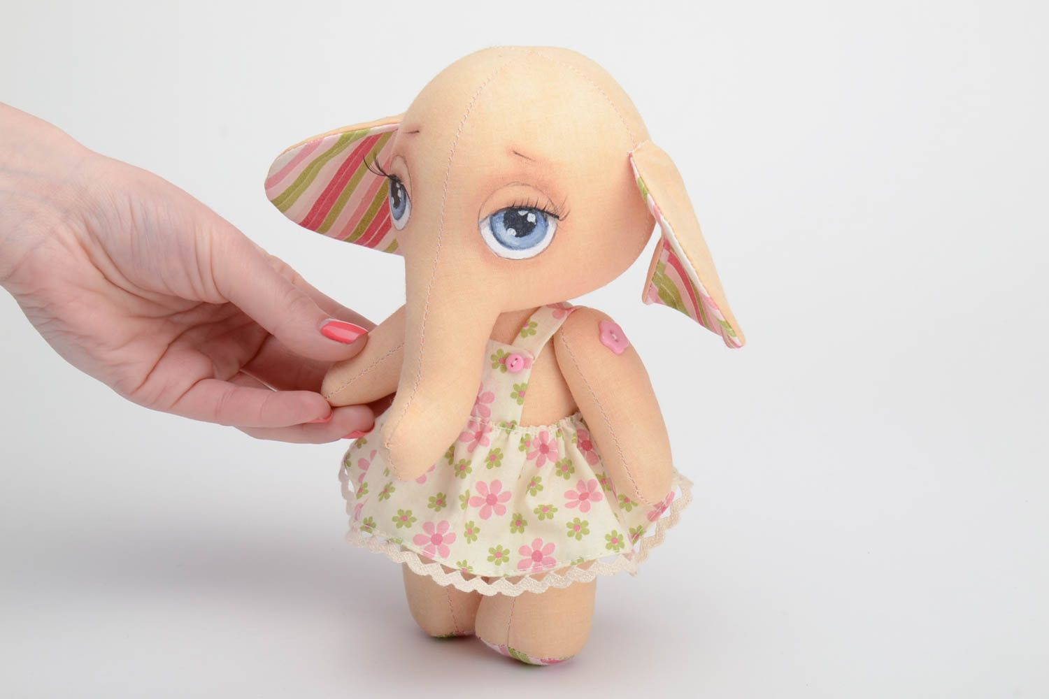 Handmade cotton fabric soft toy elephant with big painted eyes in floral dress photo 4
