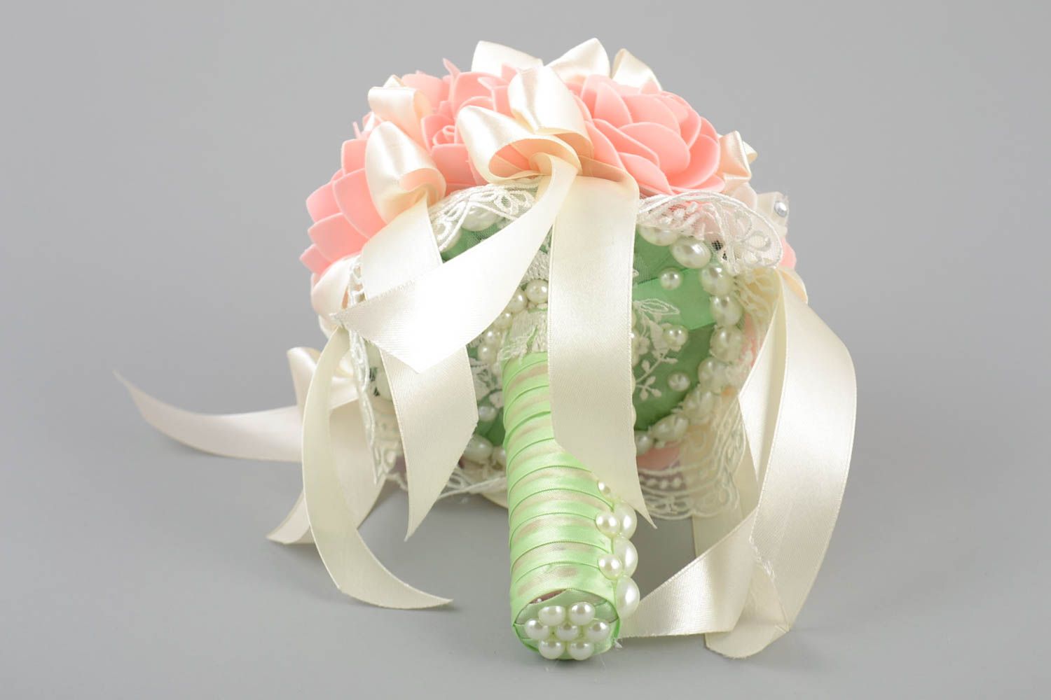 Handmade decorative wedding bouquet with foamiran flowers ribbons and beads photo 2