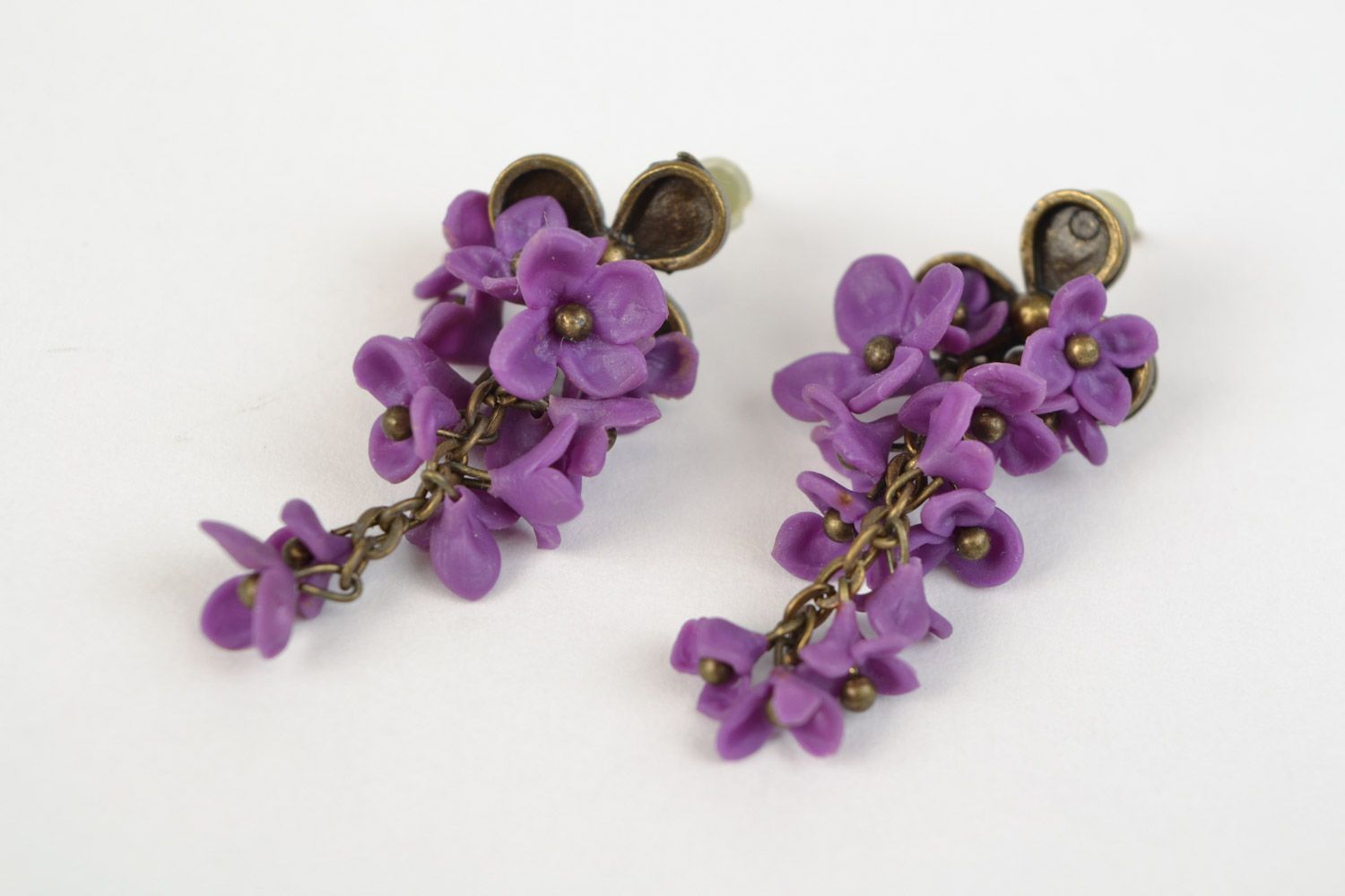 Beautiful handmade polymer clay flower earrings of violet color Lilac photo 4