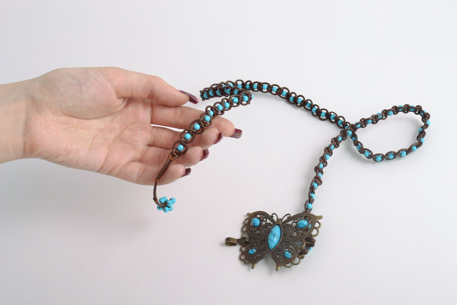 Multi wrap wrist bracelet hand made of leather plastic and natural turquoise with butterfly photo 3