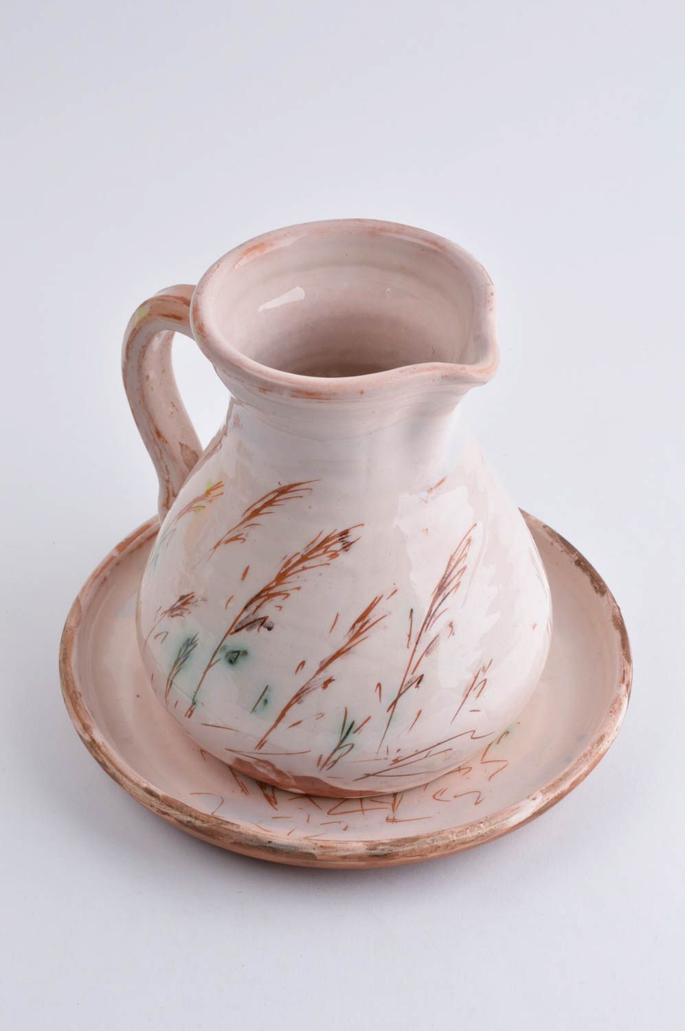 Керамический кувшин ручной работы глиняная посуда керамическое блюдце набор фото 3
