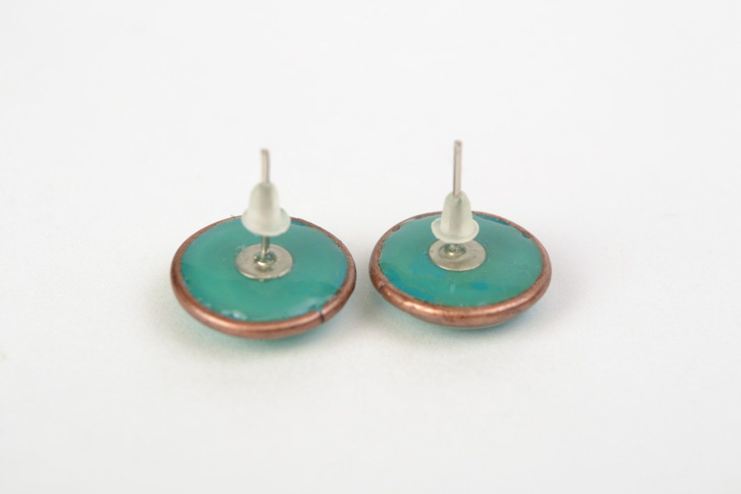 Handmade small tender stud earrings with jewelry glaze of turquoise color photo 4