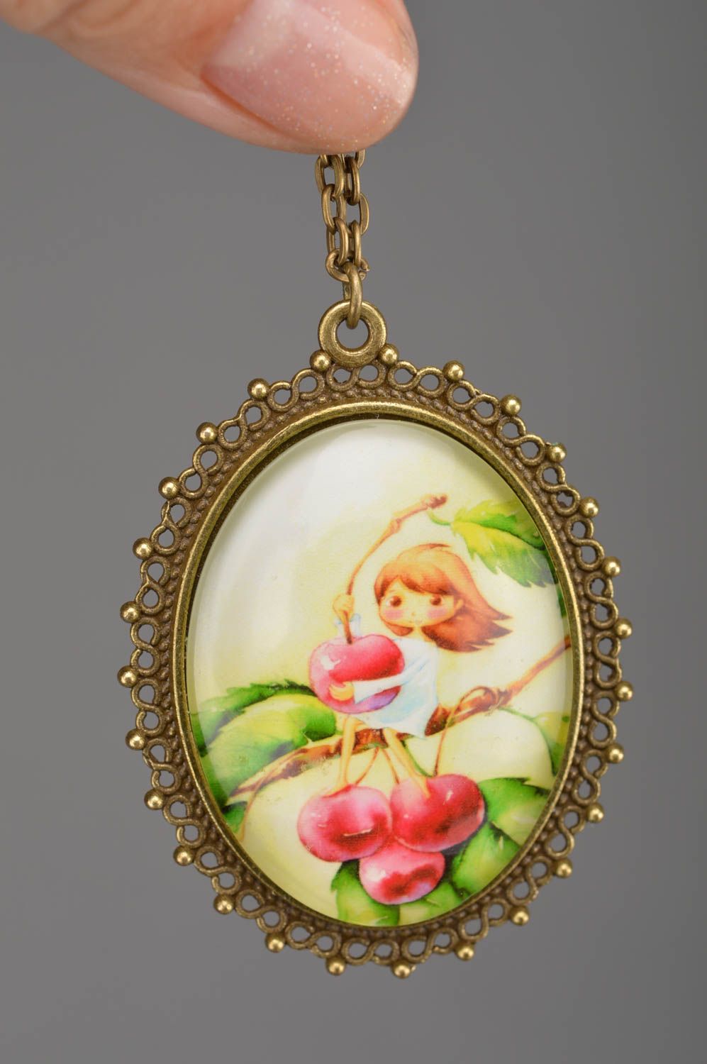 Metal pendant with print cabochon Girl with Cherry on long chain summer jewelry photo 3