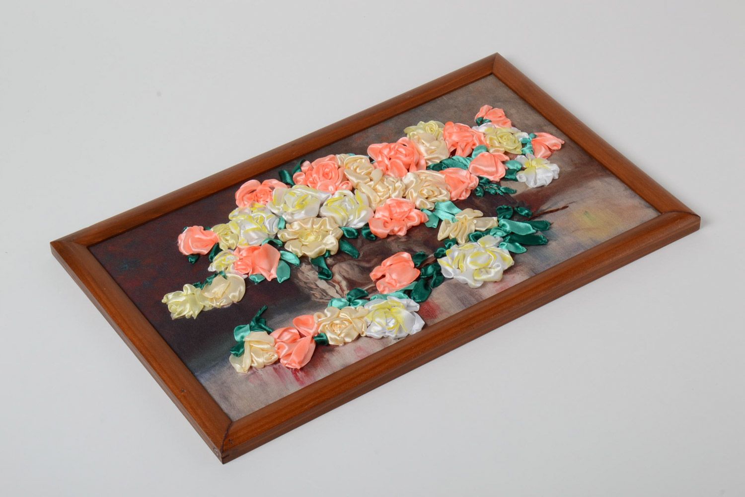 Handmade beautiful embroidered picture with flowers in a rectangular frame photo 2