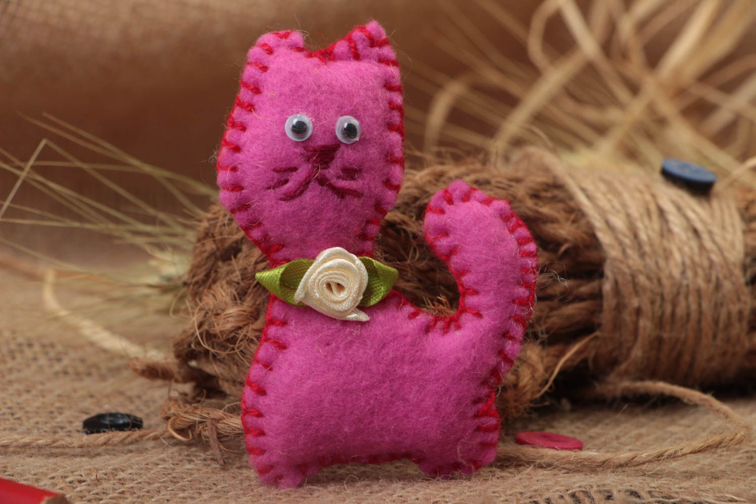 Bright purple handmade soft toys made of felt in the form of cat for baby photo 1