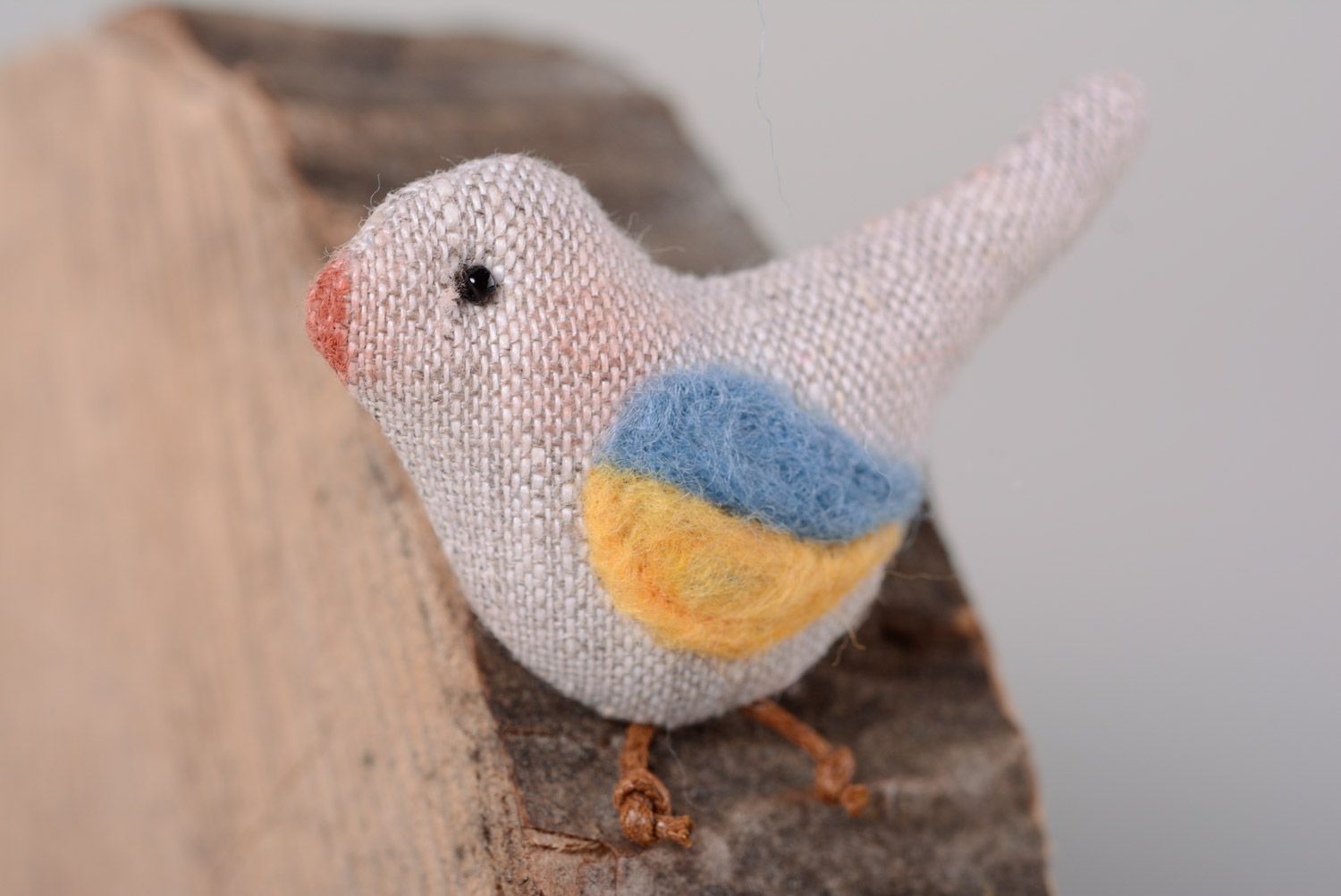 Handmade embroidered linen fabric brooch with yellow and blue wing Bird photo 1