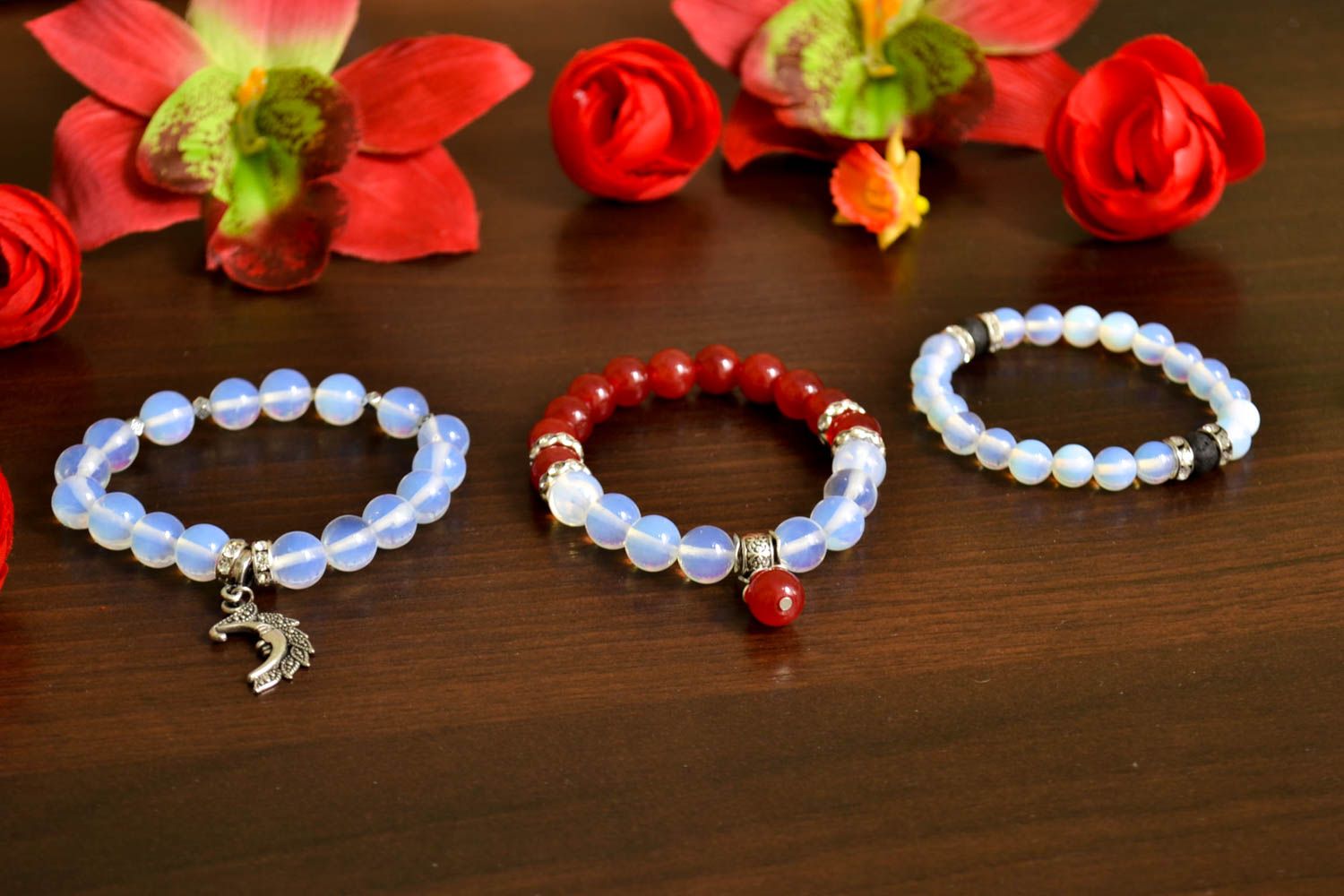 Set of three transparent beaded gemstone bracelets with charms for girls photo 2