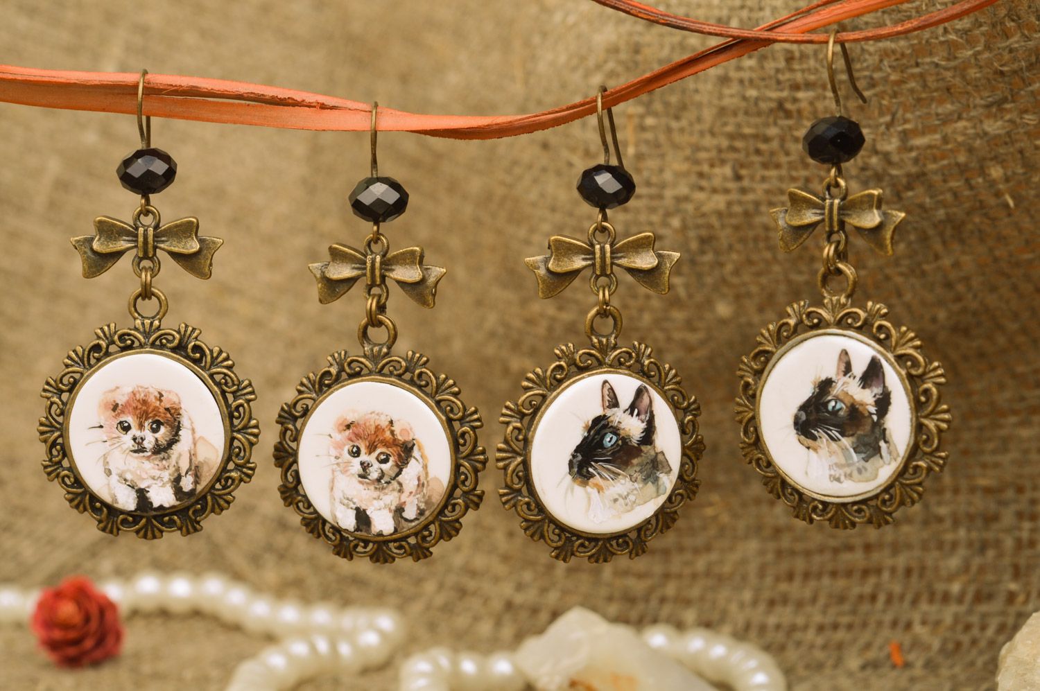 Set of handmade metal dangle earrings with miniature painting 2 items photo 1