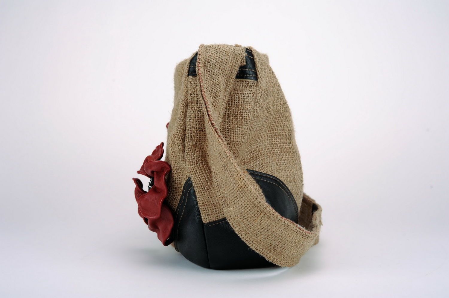 Handmade Tasche aus Leder und Sackgewebe Mohnblumen foto 5