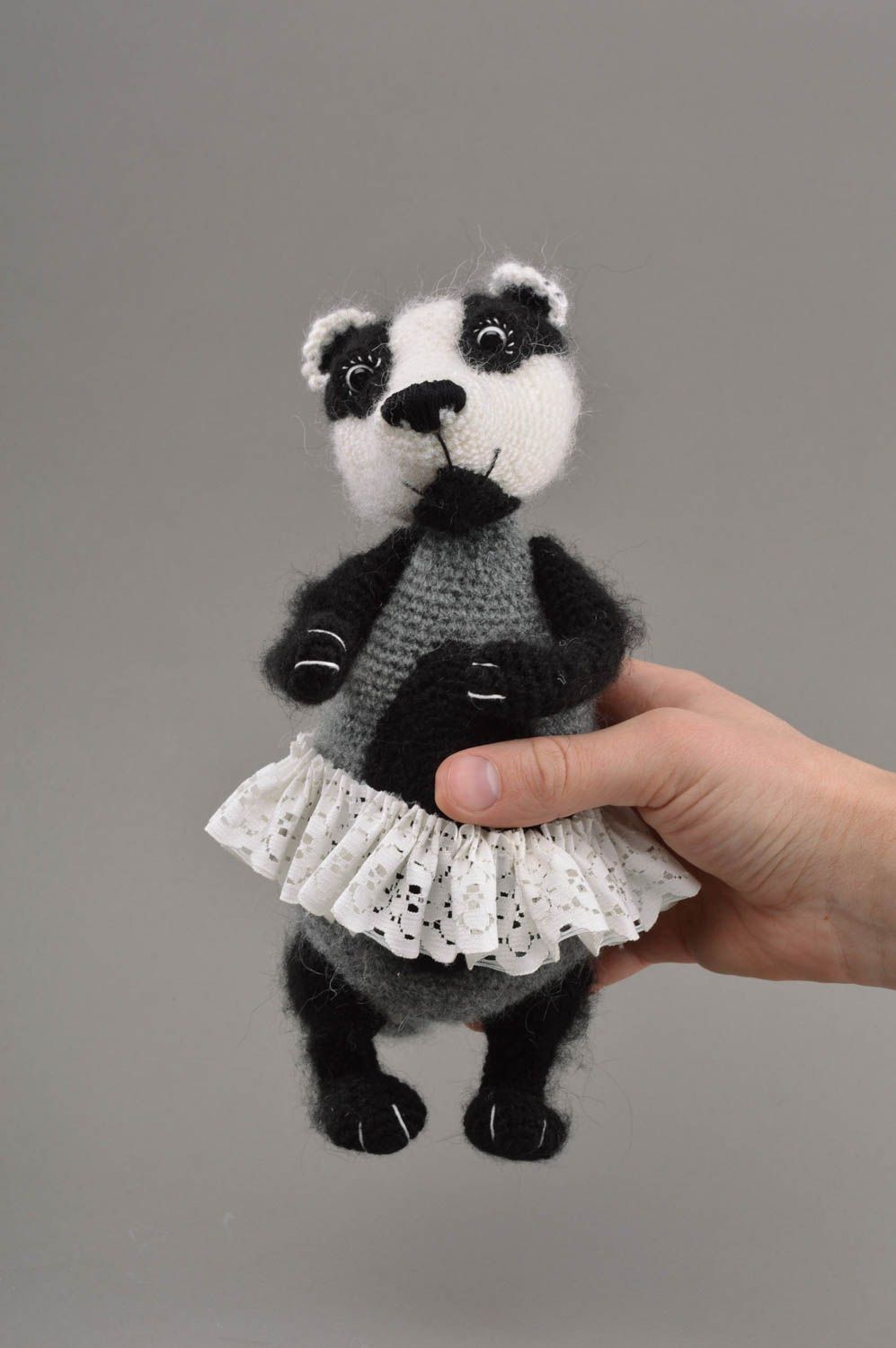 Unusual children's handmade beautiful crochet soft toy Badger in tutu skirt photo 4