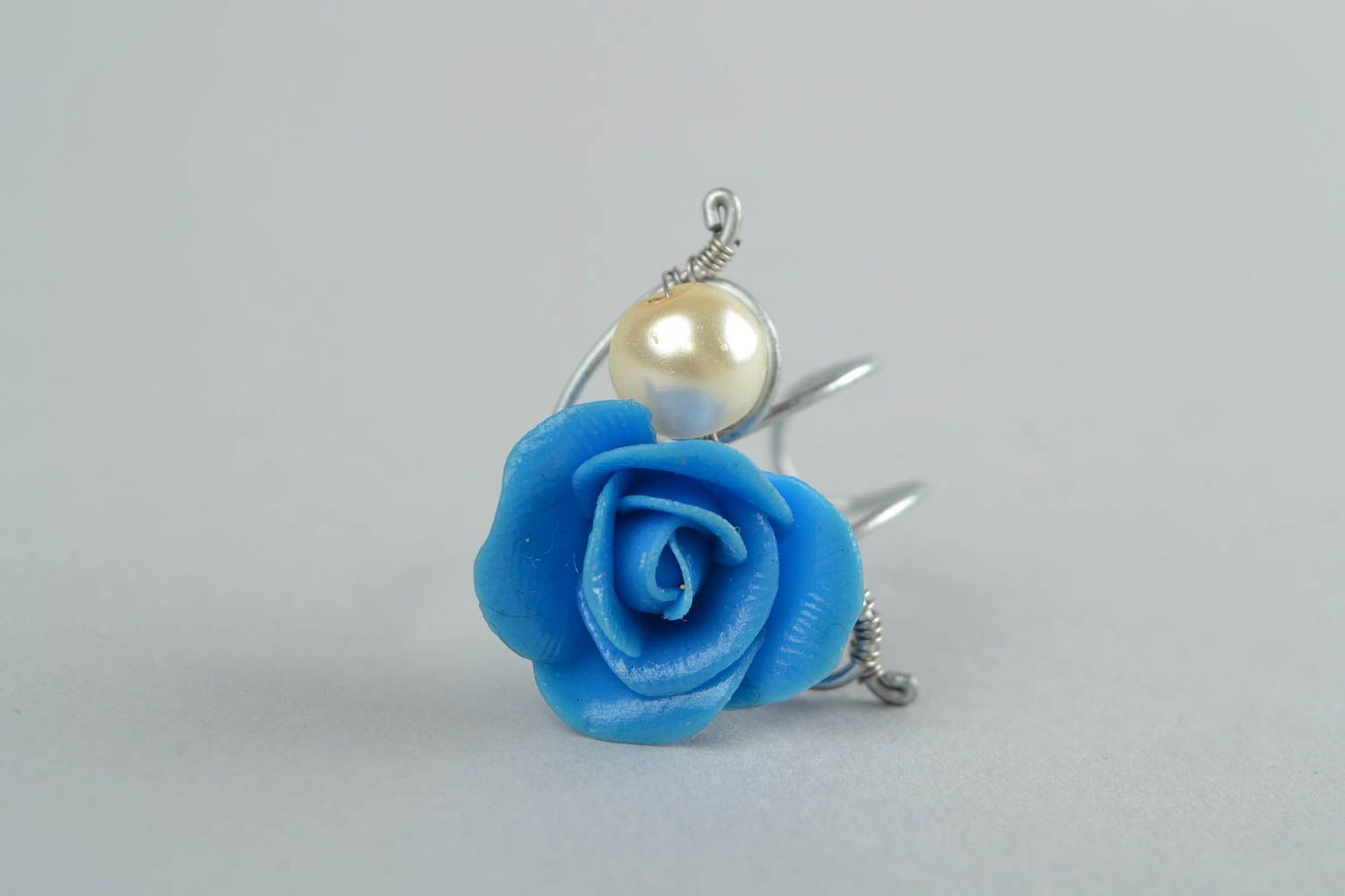 Unusual blue polymer clay flower ring on wire wrap basis hand made photo 3