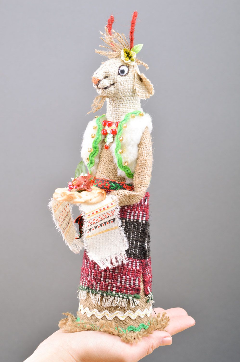 Handmade ethnic bottle cozy in the shape of goat sewn of burlap with loaf photo 1