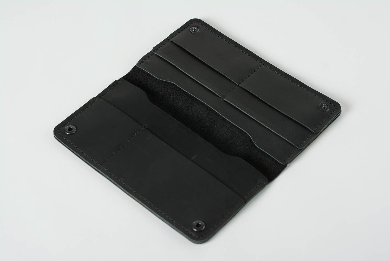Handmade designer large laconic genuine leather wallet of black color  photo 3
