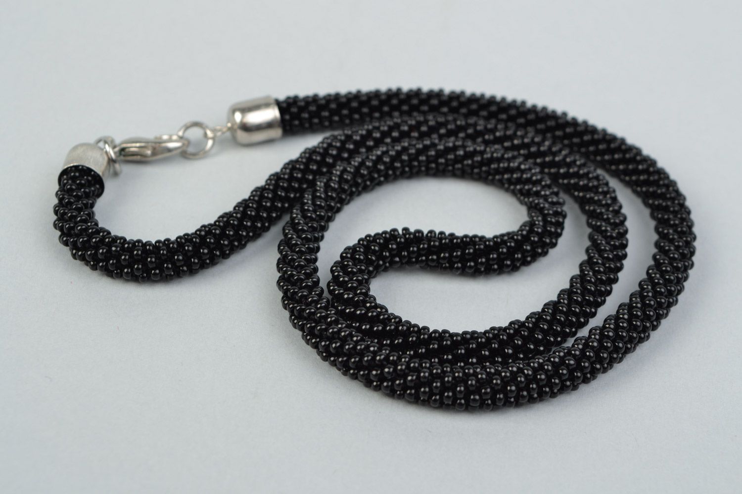 Set of handmade designer necklace and wrist bracelet woven of black Czech beads photo 3