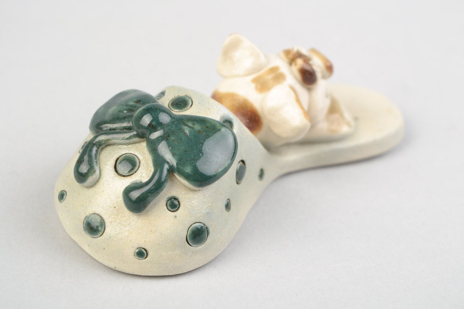 Handmade designer ceramic figurine of cat in slipper painted with colorful glaze photo 5