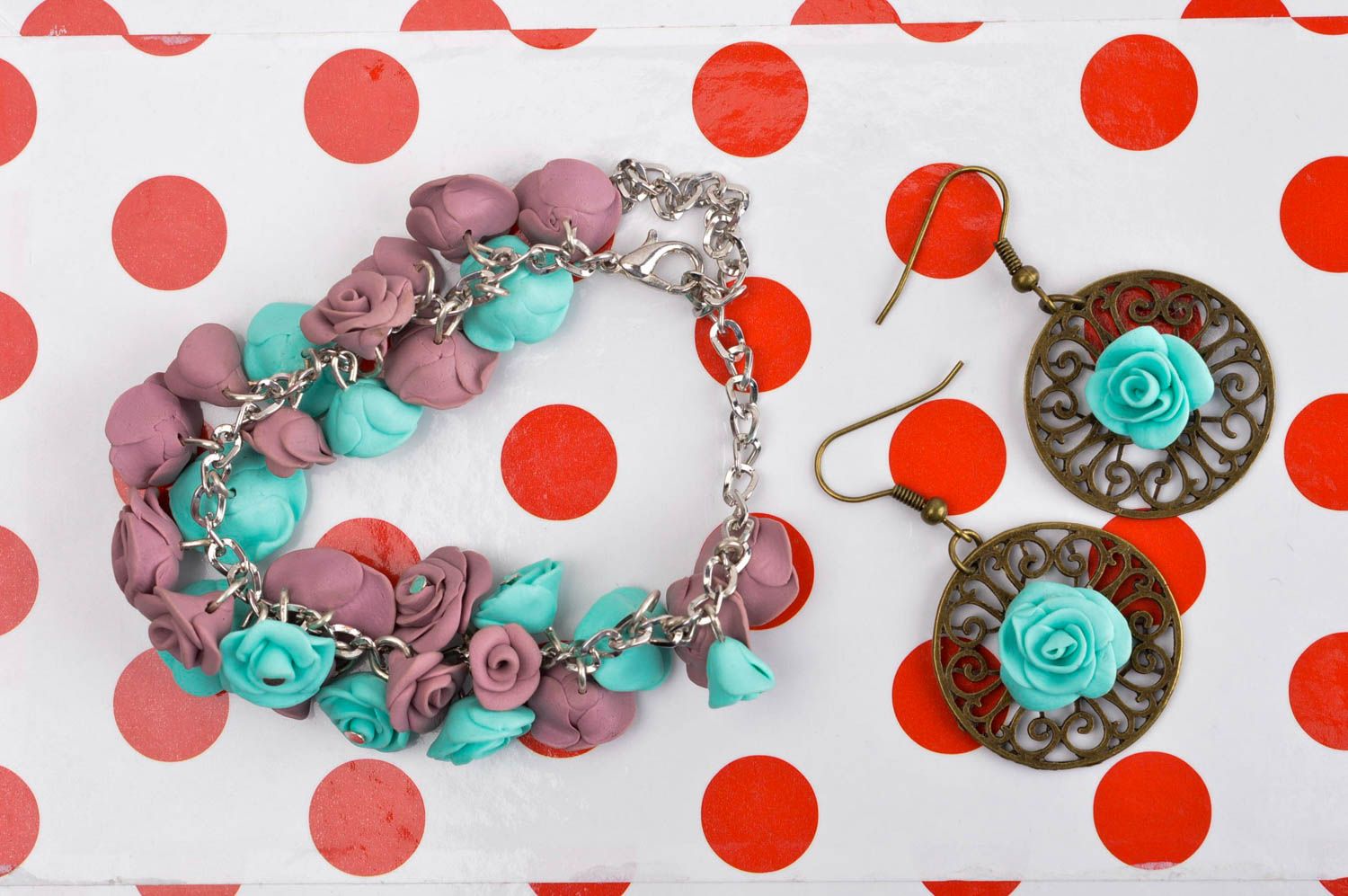 Handmade Ohrringe Armband Damen Mode Accessoires Schmuck Set mit Blumen grell foto 1