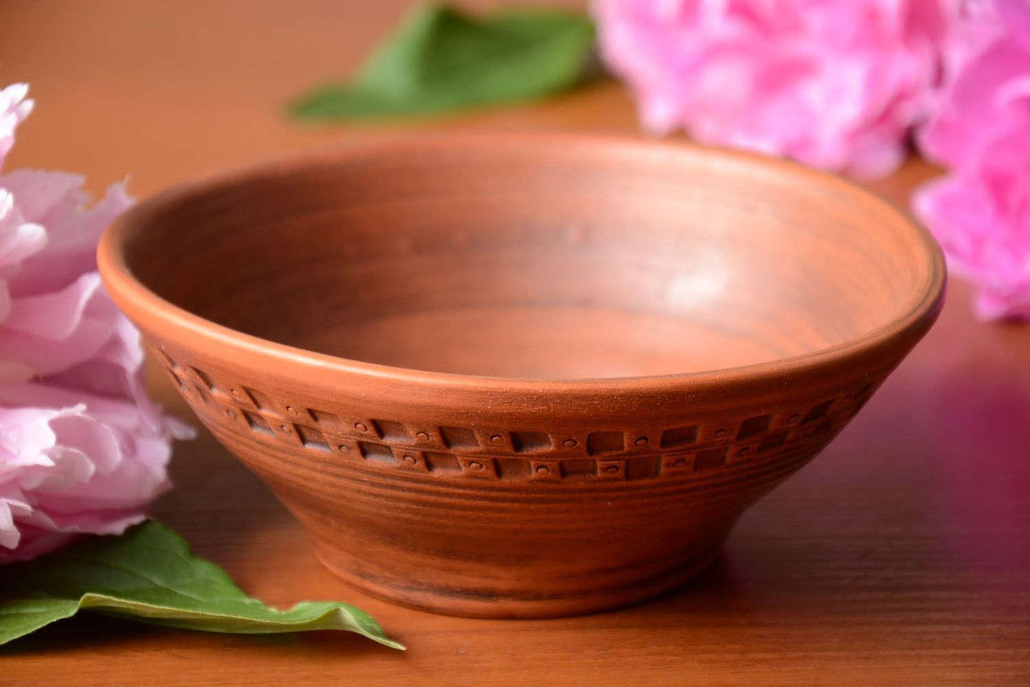 Beautiful handmade designer brown clay bowl with ornament 350 ml photo 1