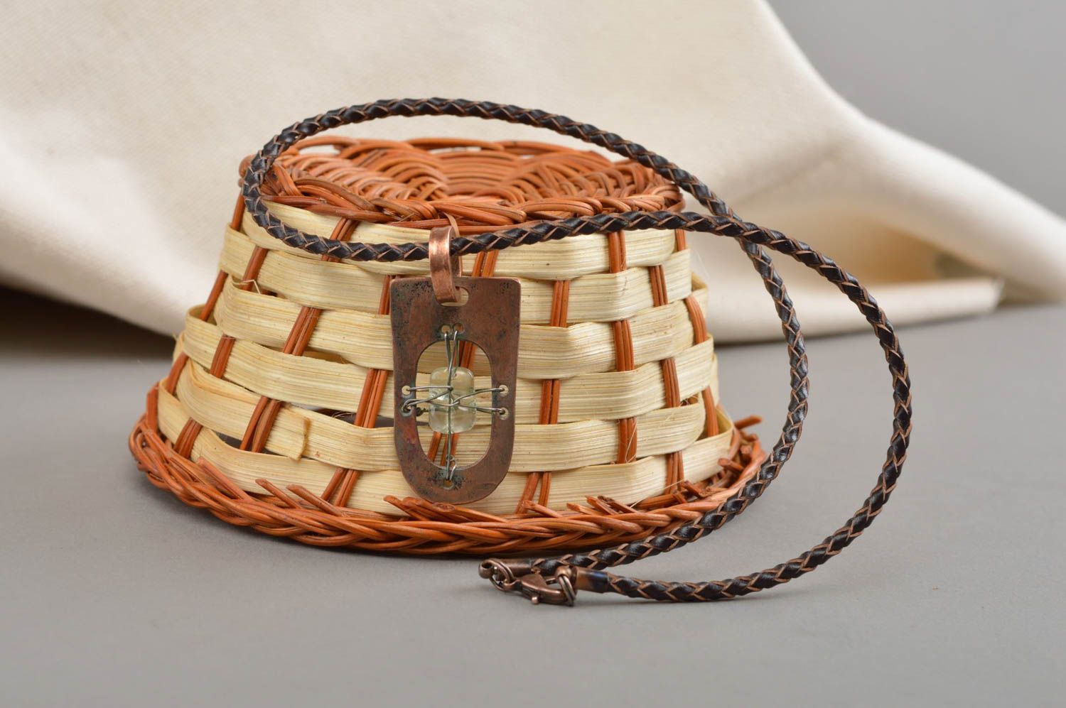 Unusual accessory for fashionistas handmade stylish copper pendant on lace photo 1