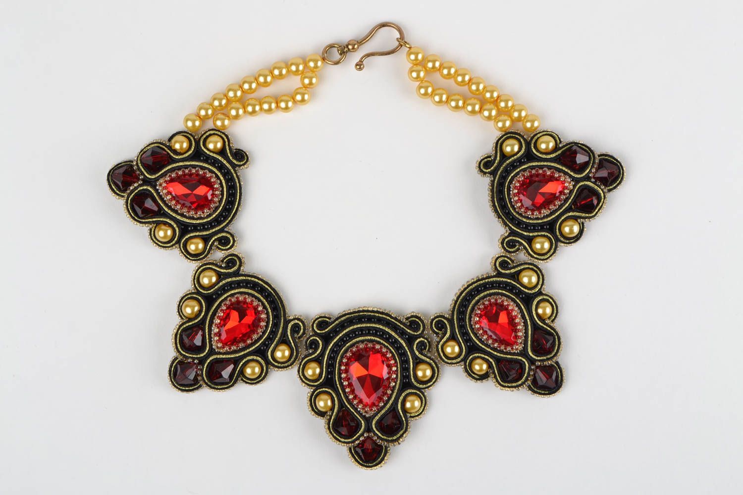 Handmade beautiful festive soutache necklace with beads and rhinestones photo 3