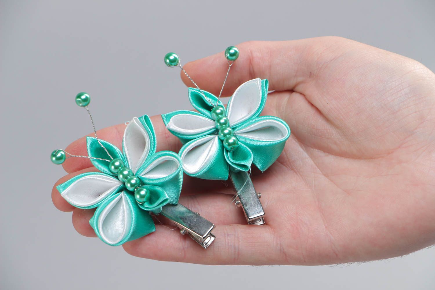 Libellen Haarklemmen Set aus Atlasbändern 2 Stück handmade Kanzashi Technik foto 5