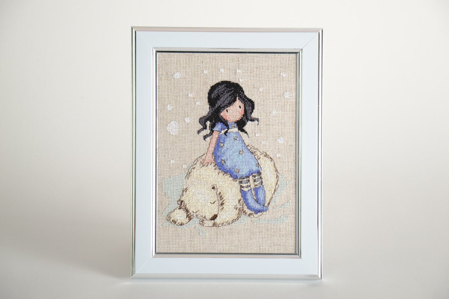 Handmade embroidered picture with frame in tender color palette Girl and Bear photo 1