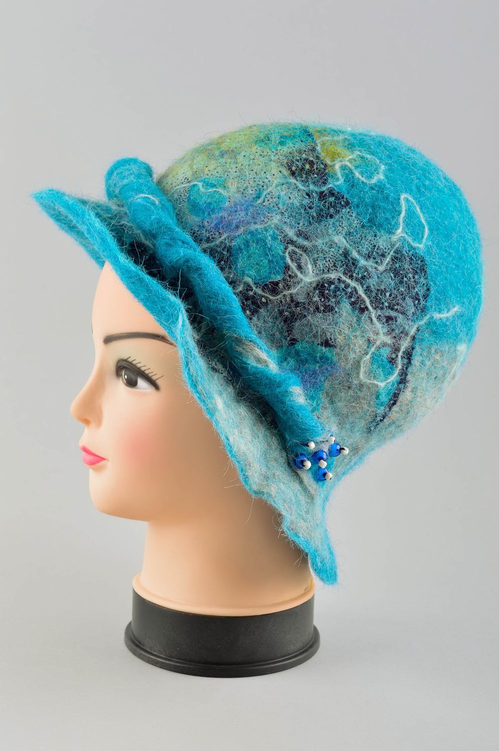 Handmade Filz Hut Accessoire für Frauen schöner Damen Hut in Blau mit Glasperlen foto 3