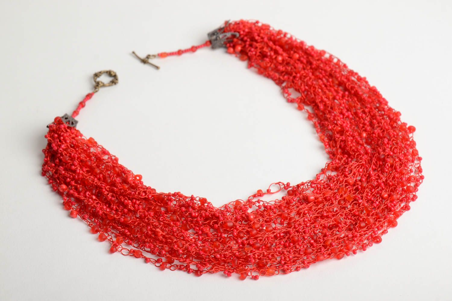 Handmade designer multi row volume airy bright red necklace crocheted of beads photo 3