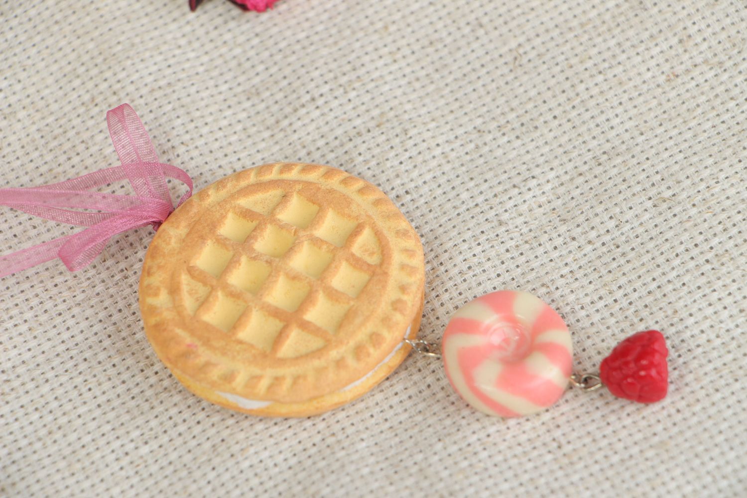 Handmade wall hanging decoration molded of polymer clay in the shape of cookie  photo 5