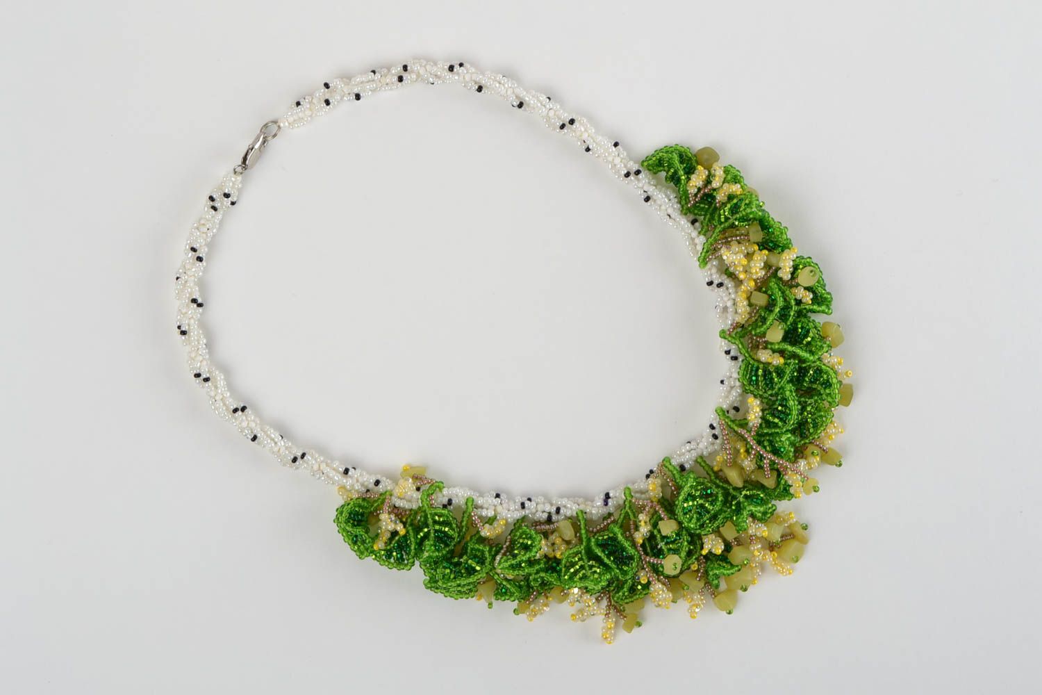 Handmade bright designer volume beaded necklace with natural stone Birch photo 3